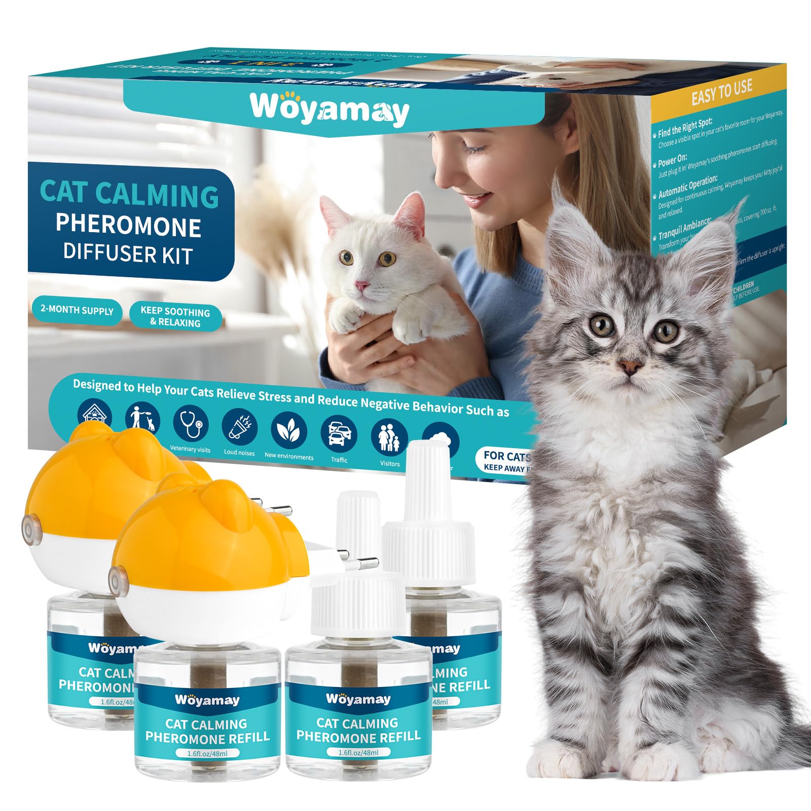Woyamay Difusor de Feromonas para Gatos y Recambios, Calmante Gatos y Tranquilizantepara Gatos con 2 Difusor + 4 Recambios de 48 ml, Relajante para Gatos hasta 120 Dias