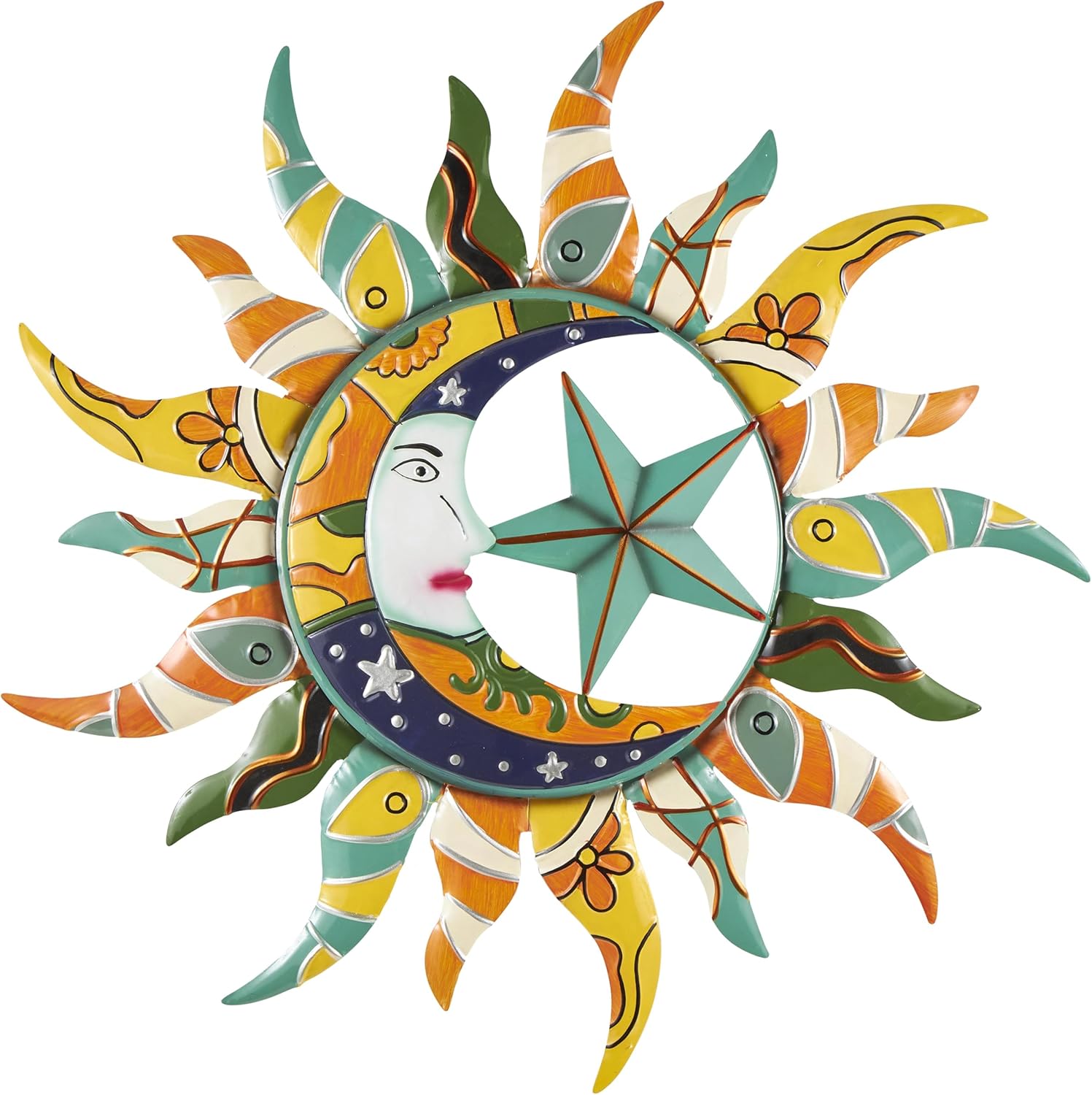 Deco 79 Metal Sun and Moon Indoor Outdoor Abstract Patterned Wall Decor with Navy and Orange Accents, 36" x 2" x 36", Multi Colored