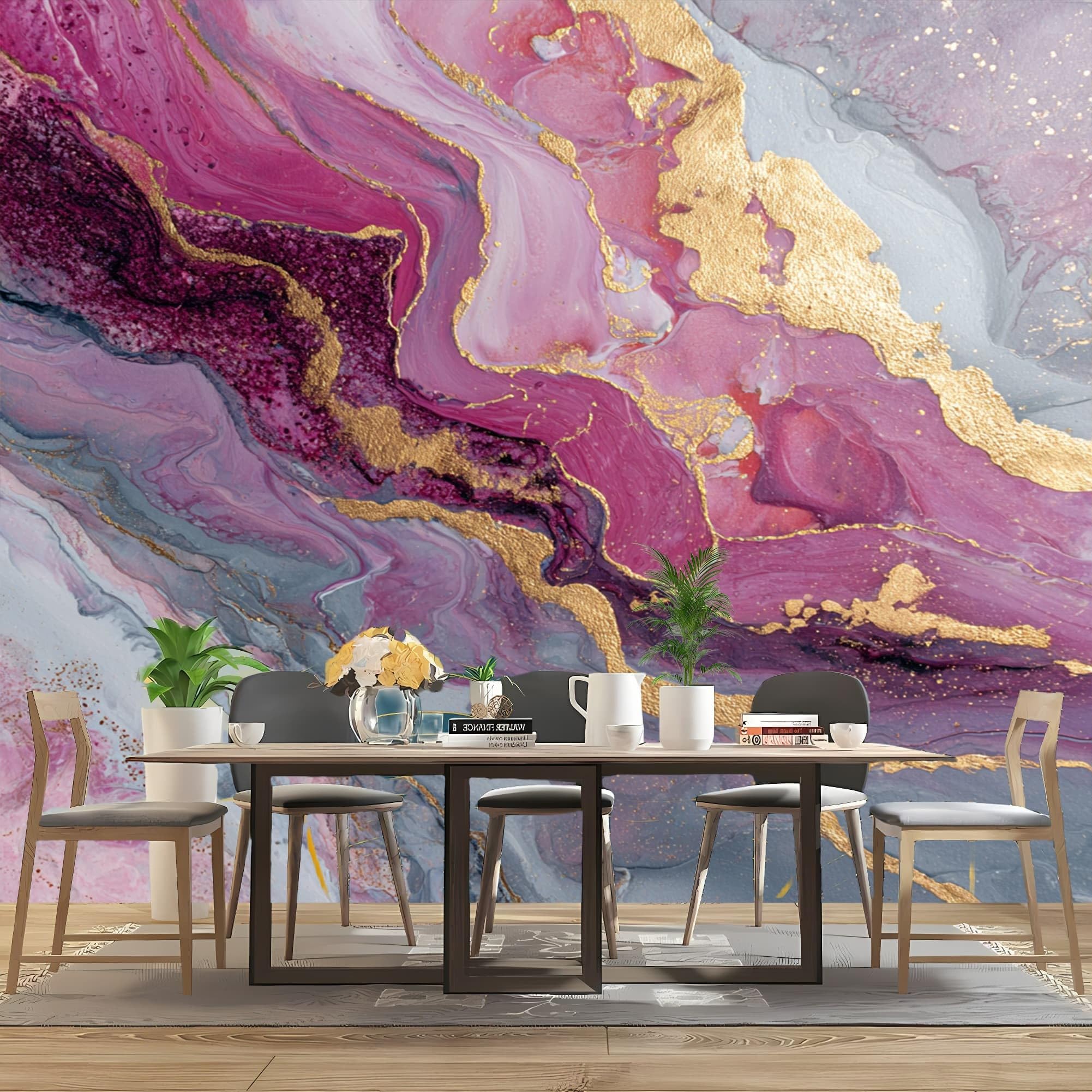 Tapeta z efektem panoramicznym 3D fototapeta 250 x 175 cm, plakat z włókniny olbrzymie złote linie płyn mural salon pokój dziecięcy restauracja dekoracja ścienna, różowy fioletowy