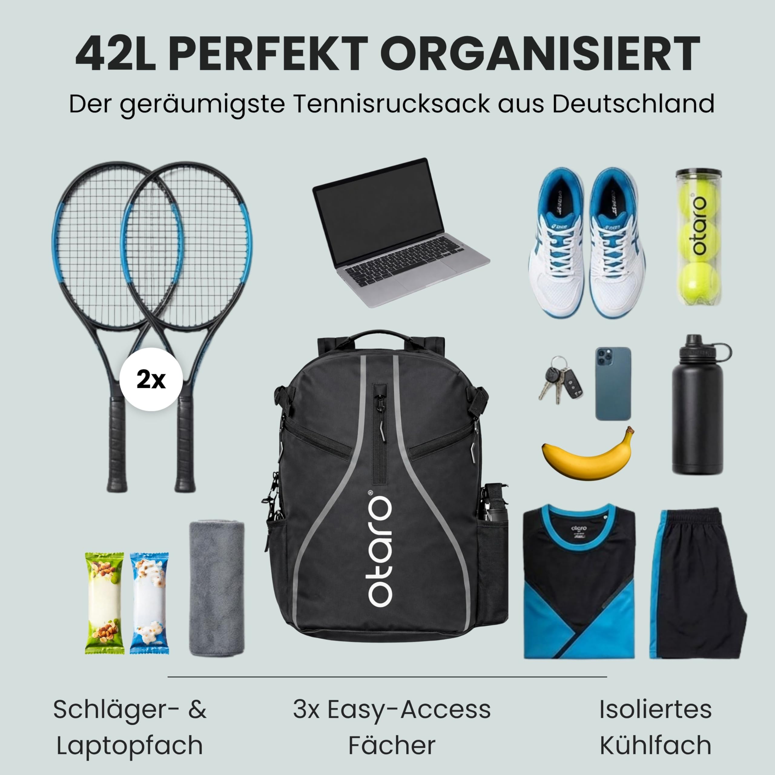 Otaro Tennisrucksack mit Schuhfach, Laptop- & Thermofach für 2 Schläger | 42 L | Tennistasche Herren | Getränk- & Ballfach | Tennistasche Damen inkl. Regenschutz & Wäschesack