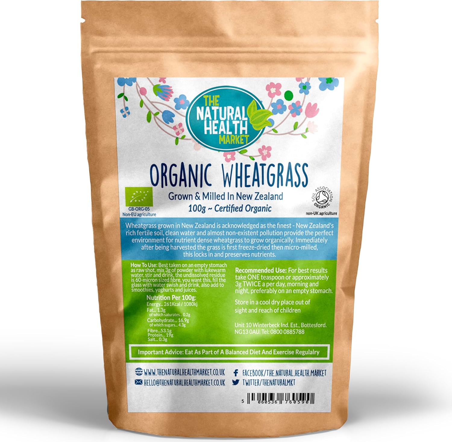 Organic Wheatgrass Powder 100g | New Zealand-Grown | Vegan Superfood for Smoothies & Juices | High Fibre, Iron & Vitamin C | The Natural Health Market | UK Packed