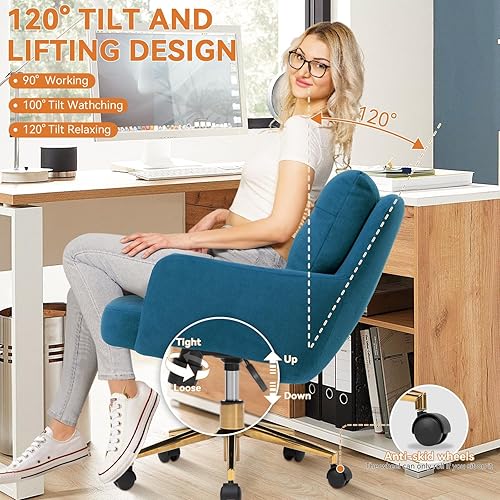 Miniatura 5 de Silla de oficina de terciopelo, cómodas sillas de escritorio de oficina en casa con soporte lumbar, silla de escritorio moderna de terciopelo con