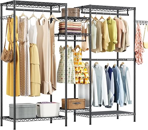Perchero de ropa de alta resistencia grande, estante de ropa portátil independiente con 7 estantes de alambre ajustables, 4 barras de colgar y 2