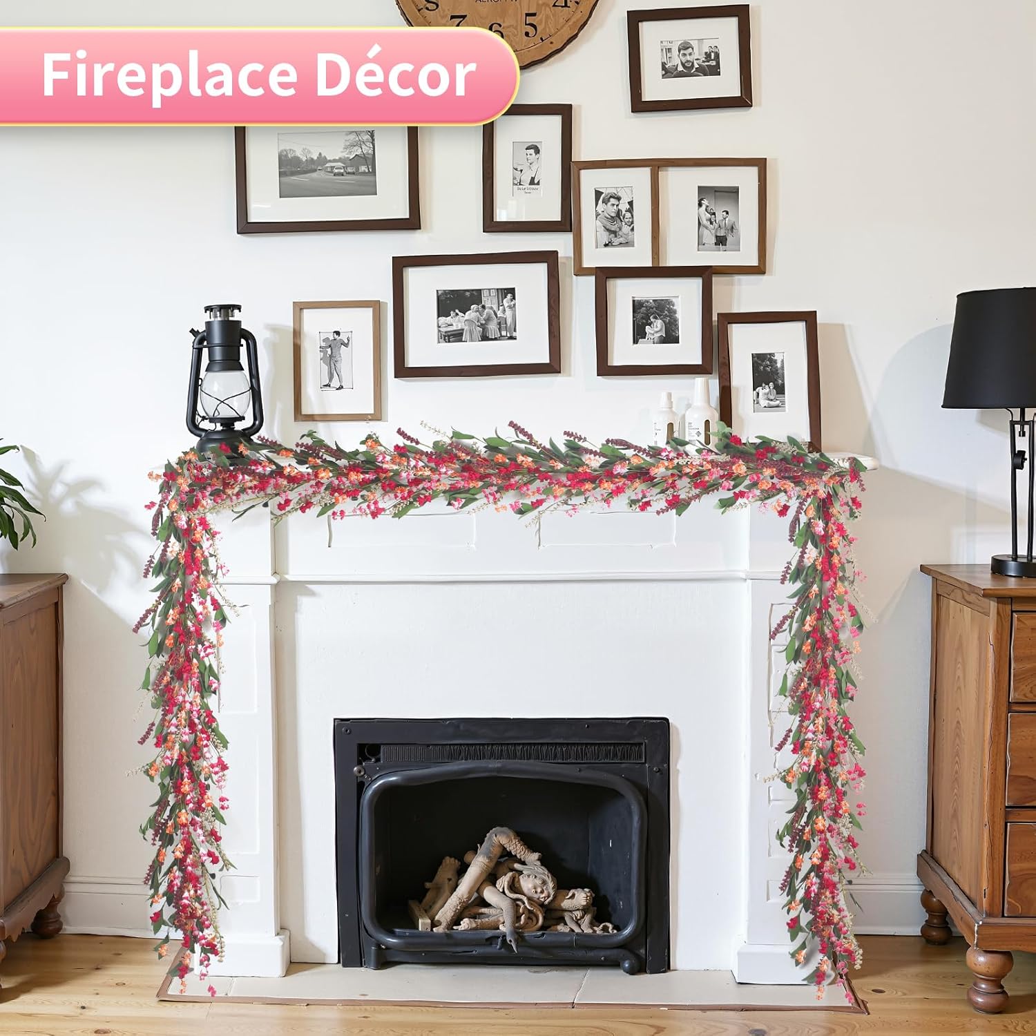2pcs Spring Paper Garland: 6ft Red, Orange & Pink All-Season Garlands with Paper & Fabric Flowers, EVA Leaves, Flower Spikes for Front Door, Living Room, Wedding