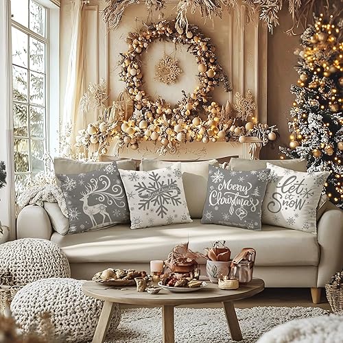 Miniatura 3 de Artmag Juego de 4 fundas de almohada de Navidad de 16 x 16 pulgadas, diseño de copos de nieve Let it Snow Moose en invierno, vacaciones, color gris,