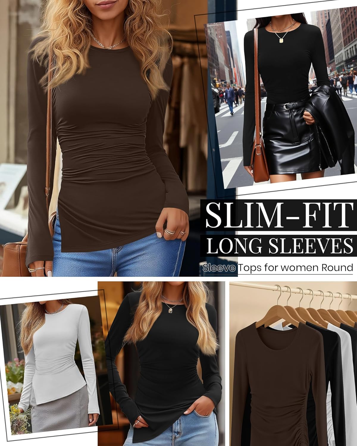 3 Pack Long Sleeve Shirts for Women, Crew Neck Asymmetrical High Low Split Ruched Cute Y2K Going Out Workout Tops(Black, White, Brown,XX-Large) - Image 2