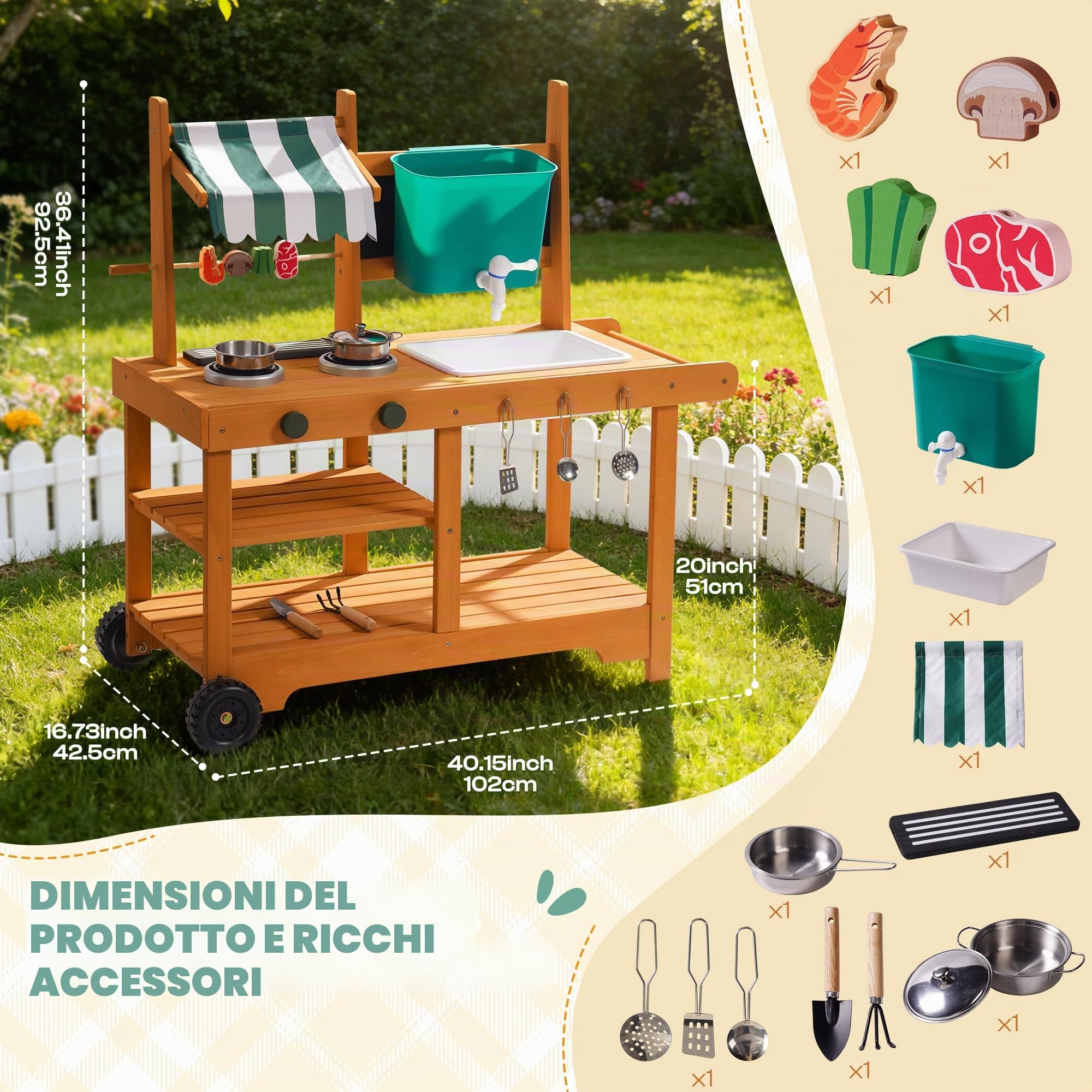 ROBOTIME Mud Kitchen Outdoor - Set da gioco per bambini, cucina giochi con ruote rotanti, manico scorrevole, spiedini girevoli, tenda da sole in tessuto, lavagnetta e lavello dell'acqua realistico