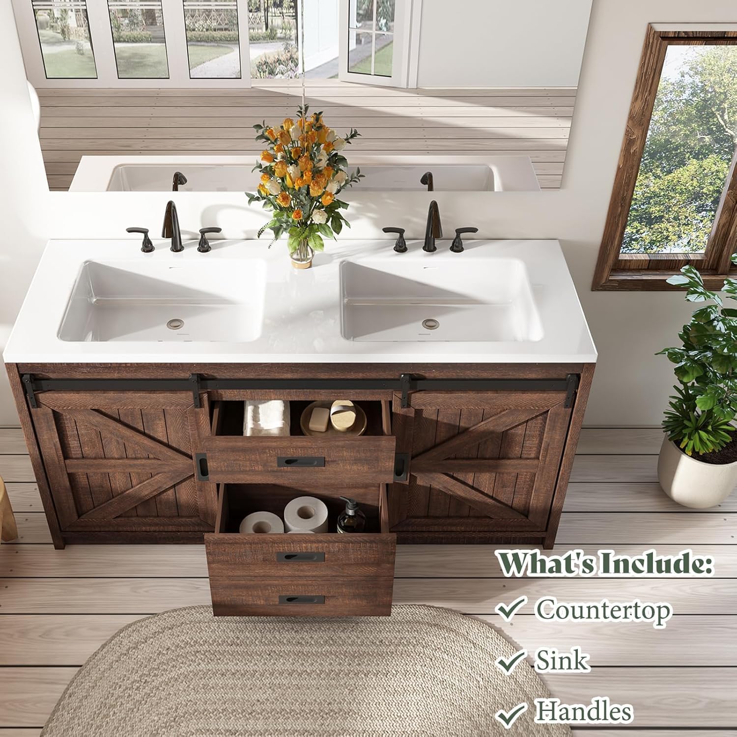 Image detailing what is included: Countertop, Sink, Handles.