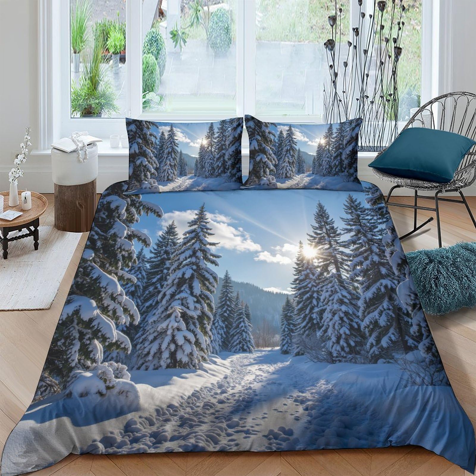 P5V6M1Q9 3D Printed Snow Forest Duvet Cover Microfiber Soft Winter Landscape Bedding Set with 2 Pillowcases for Bedroom Single（135x200cm）