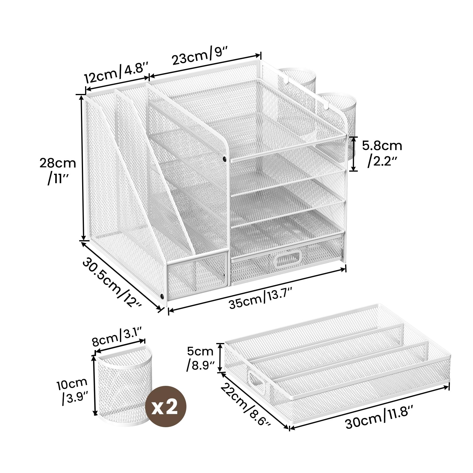 Youyijia 5-stufiger Mesh-Schreibtischorganizer mit Schublade - Aufbewahrungslösung für Büro- & Kunstbedarf, Dokumente, Stifte, Zeichenpapier & Zeitschriften, platzsparend (weiß)