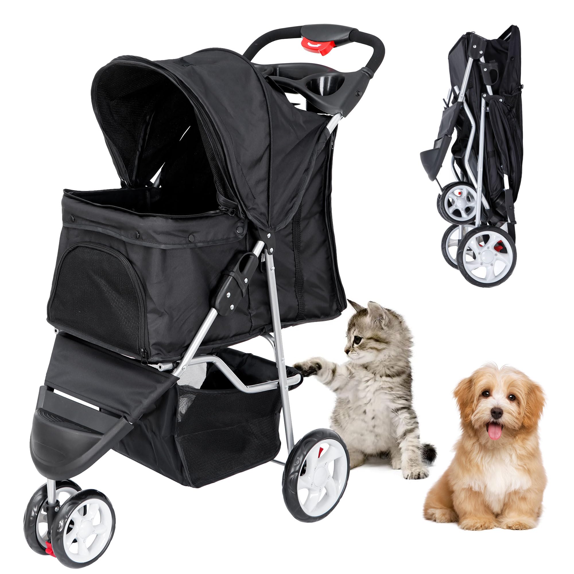 ZENY Foldable Pet Stroller, Cat/Dog Stroller with 3 Wheel, Pet Strolling Cart, Dog Travel Carrier with Storage Basket + Cup Holder, Black