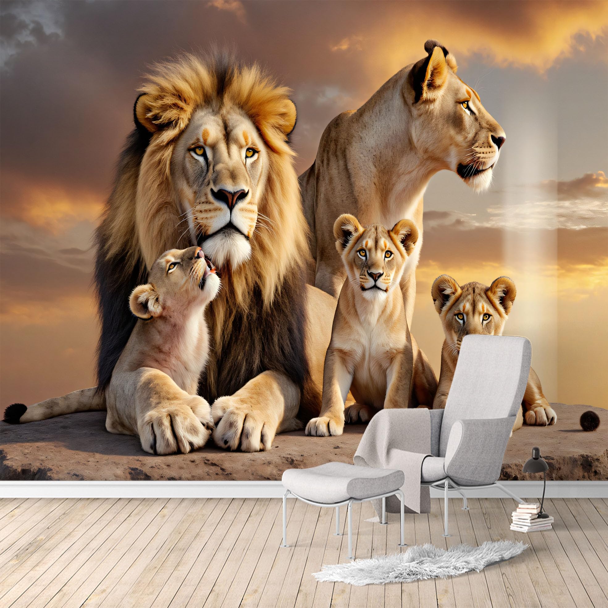 Custom Size Wall Murals,Majestic Lion Family Sunset Savannah Landscape,SelfAdhesive Water Activated Removable Wall Covering,Large Photo Wallpaper for Living Room Bedroom Office
