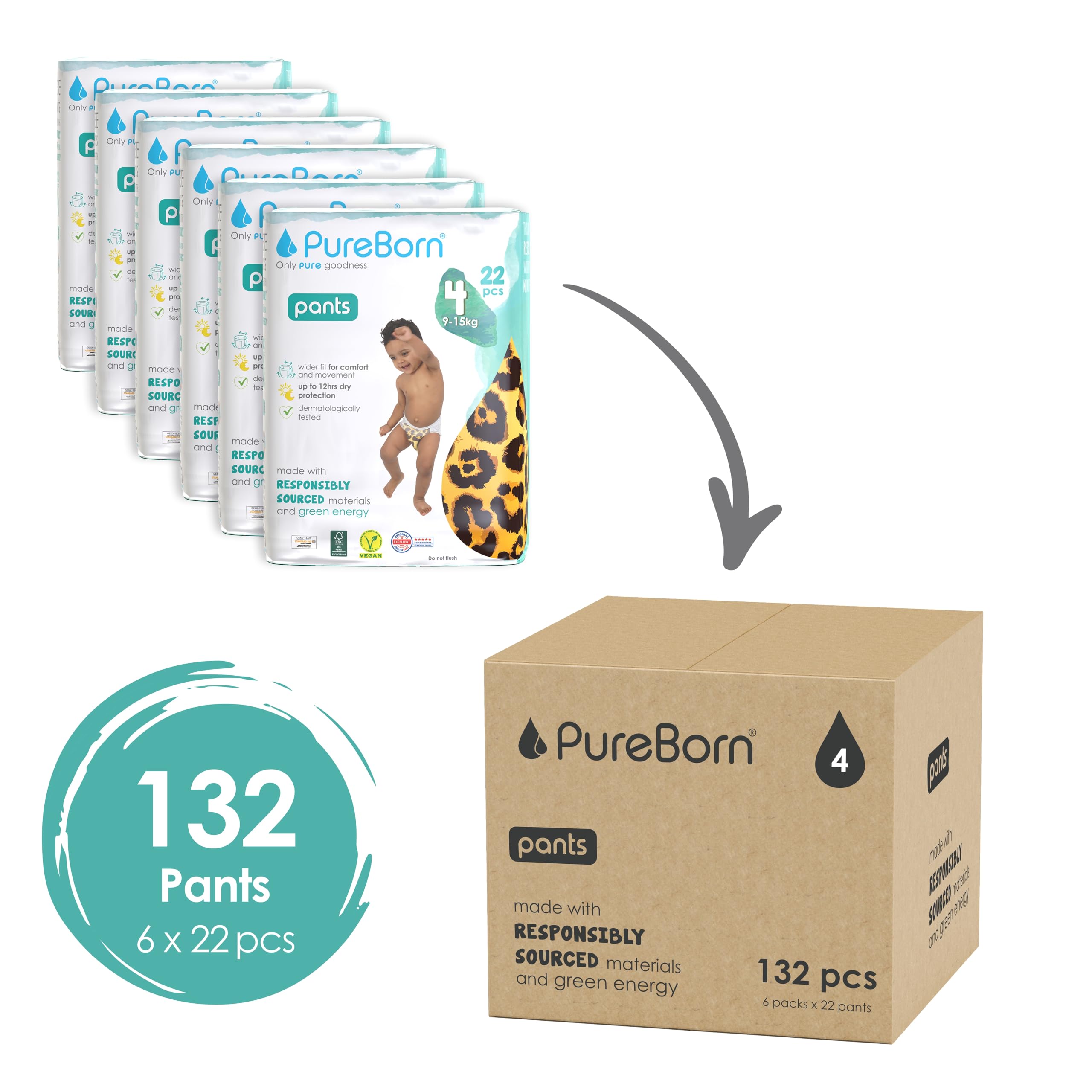 PureBorn Baby Pants Luierbroekjes, Maat 4 (9-15 kg), 22 Luiers, Optimale Bescherming Overdag en 's Nachts, Ultrazacht, Huidvriendelijk, Dermatologisch Getest