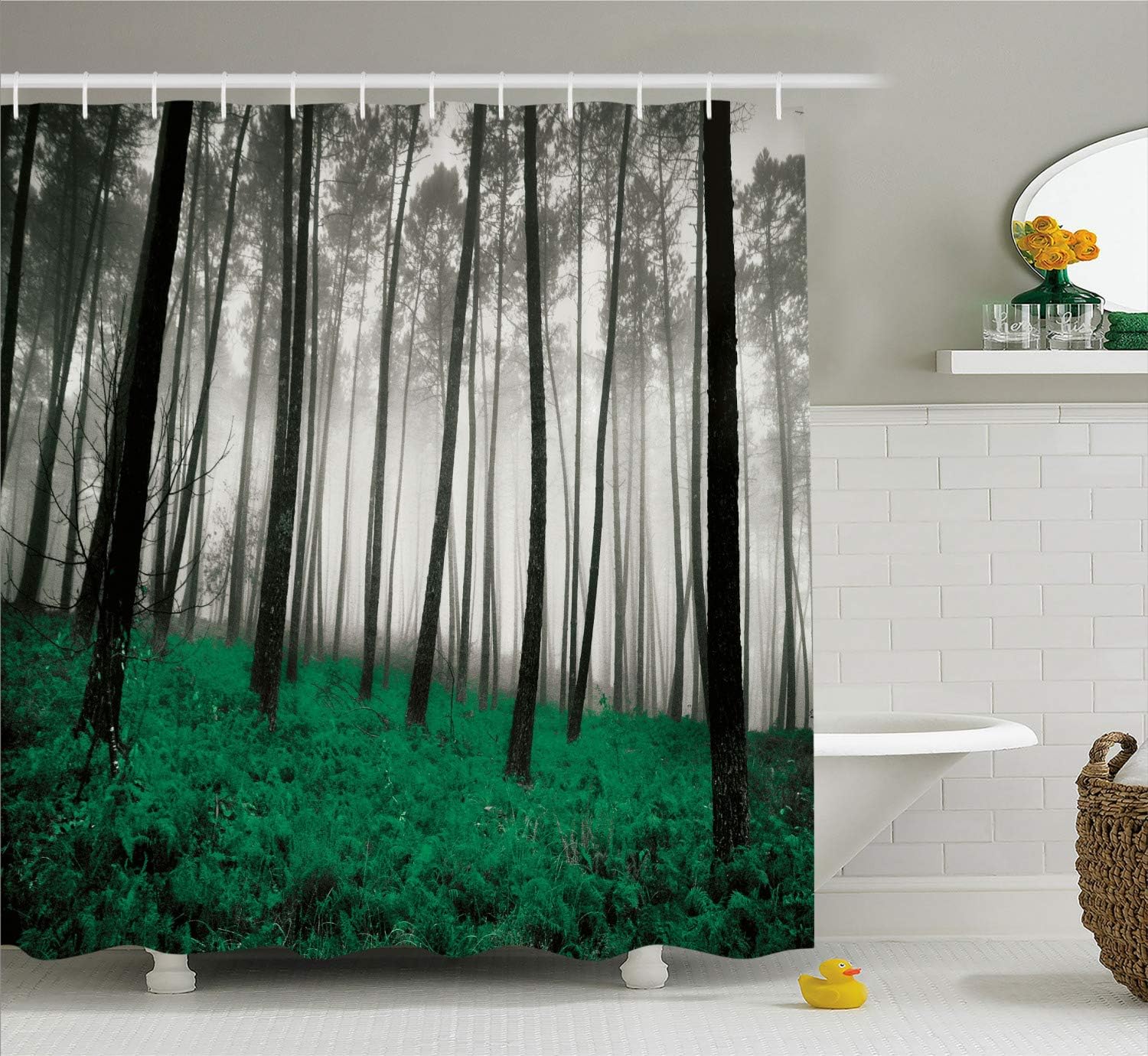 Ambesonne Forest Shower Curtain, Mystical Fantasy Woodland Under Heavy Fog Tall Trees Bushes Contrast Colors, Cloth Fabric Bathroom Decor Set with Hooks, 69" W x 84" L, Green Black