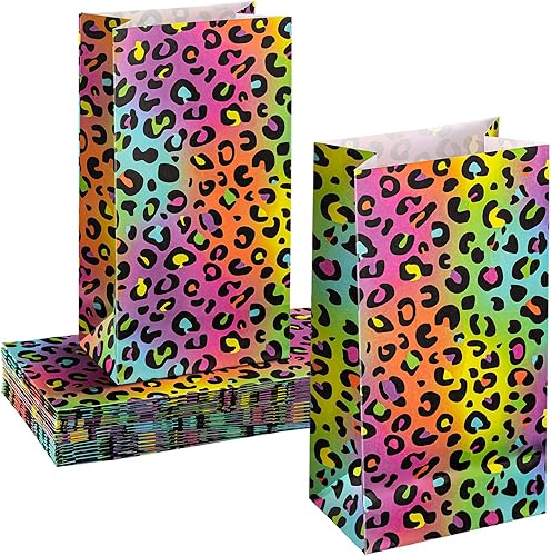 Leinuosen 24 bolsas de papel de leopardo arcoíris neón, guepardo, regalo de fiesta de cumpleaños, guepardo, bolsas de papel para regalo de leopardo,