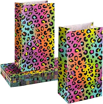 Leinuosen 24 Pcs Neon Rainbow Leopard Paper Bags Cheetah Birthday Party Favor Cheetah Paper Treat Bags for Leopard Birthday Bridal Shower Christmas Party Decorations
