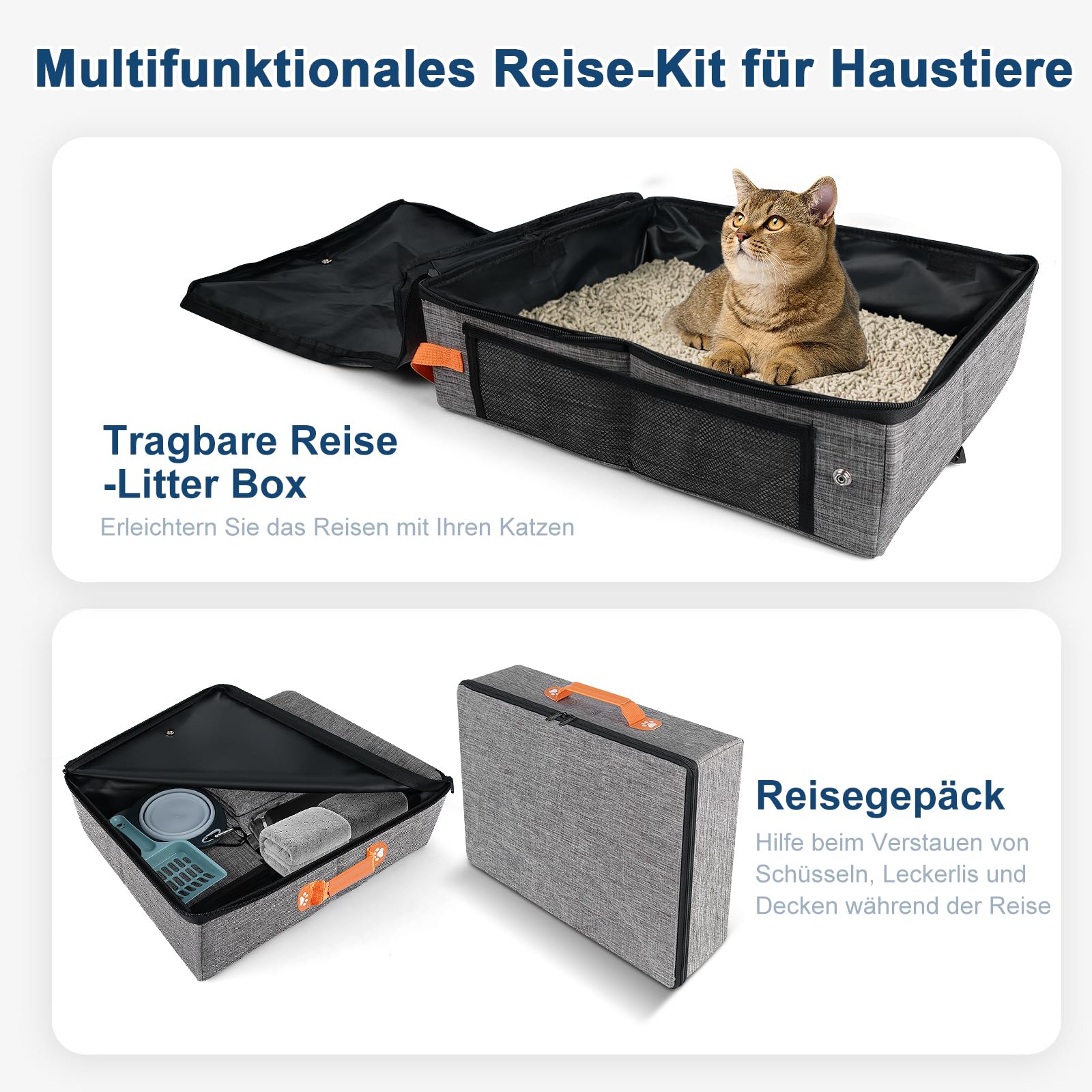 45 x 34,3 x 34,9 cm Reise Katzenklo für Unterwegs, Tragbare Katzentoilette, Einweg Katzentoilette mit Reißverschluss & Hartboden, Auslaufsicher & Wasserdicht Katzenklo Hoher Rand,Ideal für Reisen