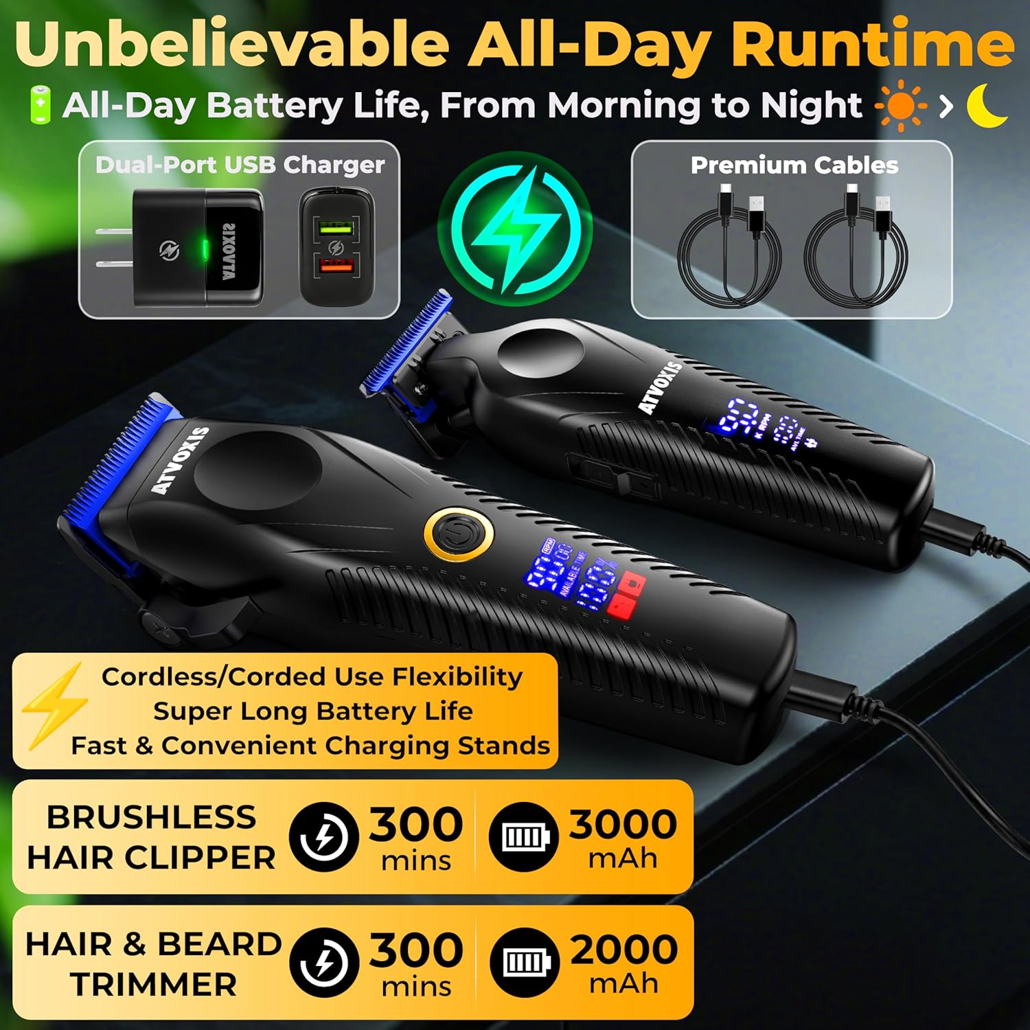 9000 RPM Brushless Motor Professional Hair Clippers Set for Men: Cordless Clippers & Zero Gap Trimmers with DLC Blades LED Display Fast Charging Stands Travel Pouch Maquina Para Cortar Pelo De Hombre