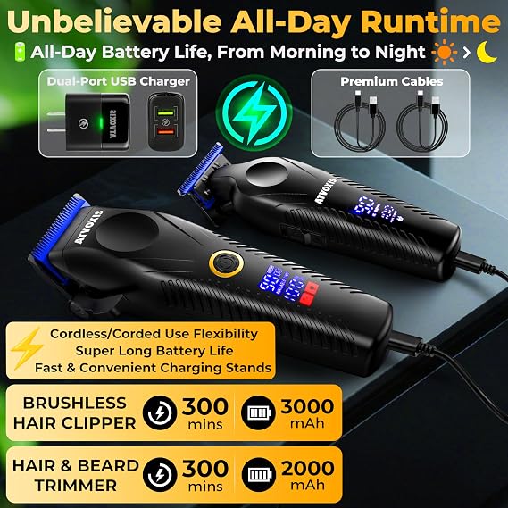 9000 RPM Brushless Motor Professional Hair Clippers Set for Men: Cordless Clippers & Zero Gap Trimmers with DLC Blades LED Display Fast Charging Stands Travel Pouch Maquina Para Cortar Pelo De Hombre