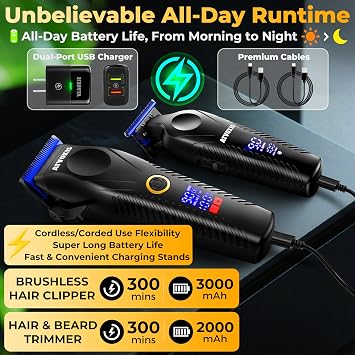 9000 RPM Brushless Motor Professional Hair Clippers Set for Men: Cordless Clippers & Zero Gap Trimmers with DLC Blades LED Display Fast Charging Stands Travel Pouch Maquina Para Cortar Pelo De Hombre