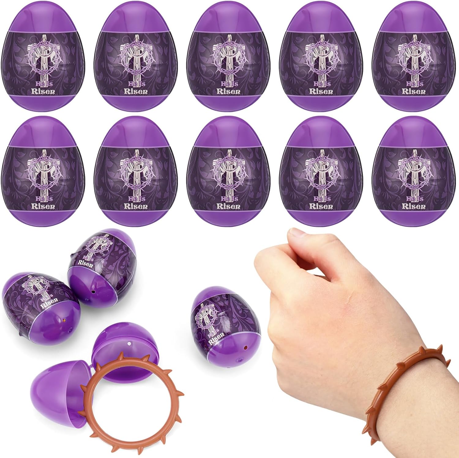 50 Set Filled Easter Eggs with Crown of Thorns Bracelet He Is Risen Plastic Easter Egg with Silicone Bracelet Inside for Egg Hunt Easter Basket Stuffers Easter Party Favors Prizes