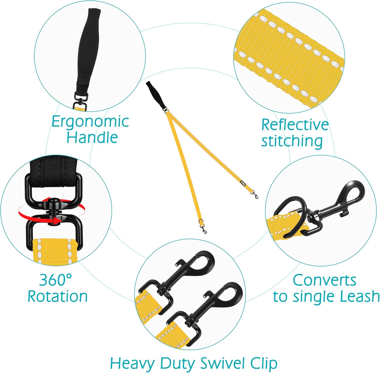 PetBonus Two Point Control Dog Leash and 2-Pack Large Silicone Collapsible Dog Bowls