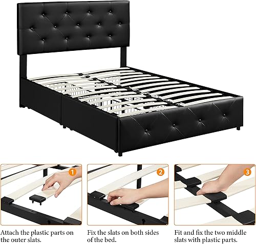 Miniatura 5 de Yaheetech Base de cama tapizada con 4 cajones de almacenamiento y cabecera ajustable, plataforma de piel sintética con base de colchón, fuerte