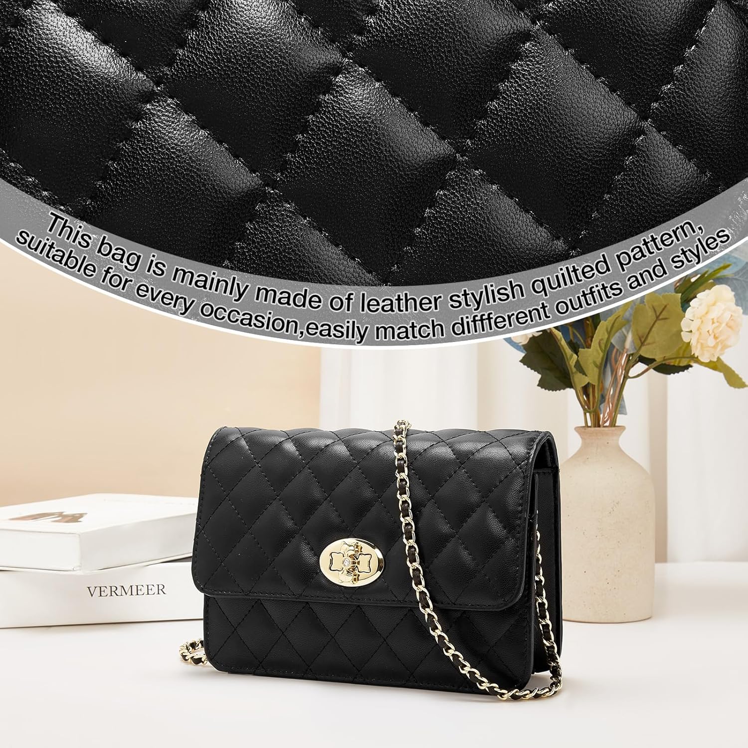 FOXLOVER Genuine Leather Quilted Crossbody Bags for Women Ladies Small Shoulder Flap Purse with Chain Strap - Image 5