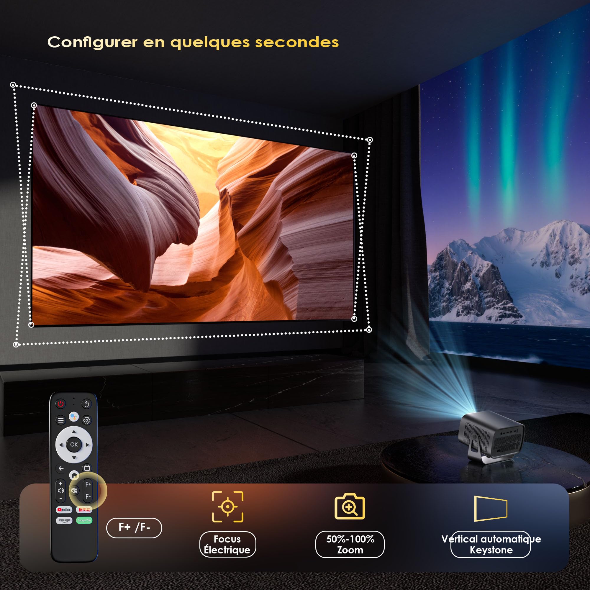 [App Intégrée] Vidéoprojecteur 1080P 4K Supporte Mini Projecteur Home Cinéma Projecteur Video Supporté pour Correction Trapézoïdale Automatique, Android TV BT5.1 360° Rotation, TV Stick/avec HDMI,