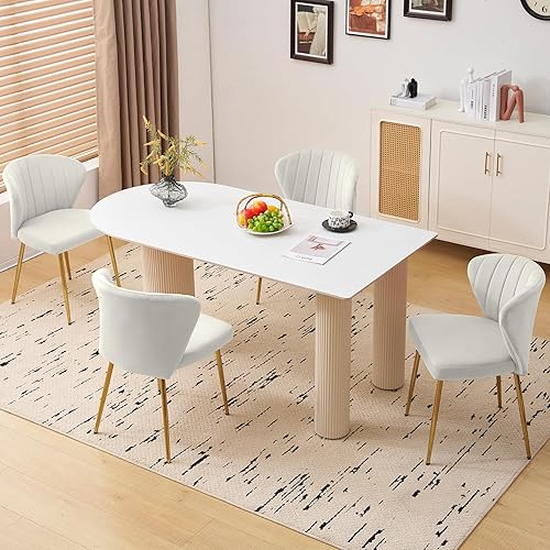Miniatura 4 de Juego de 2 sillas de comedor de terciopelo, modernas sillas tapizadas con patas de metal dorado para comedor, cocina, tocador y patio (blanco)