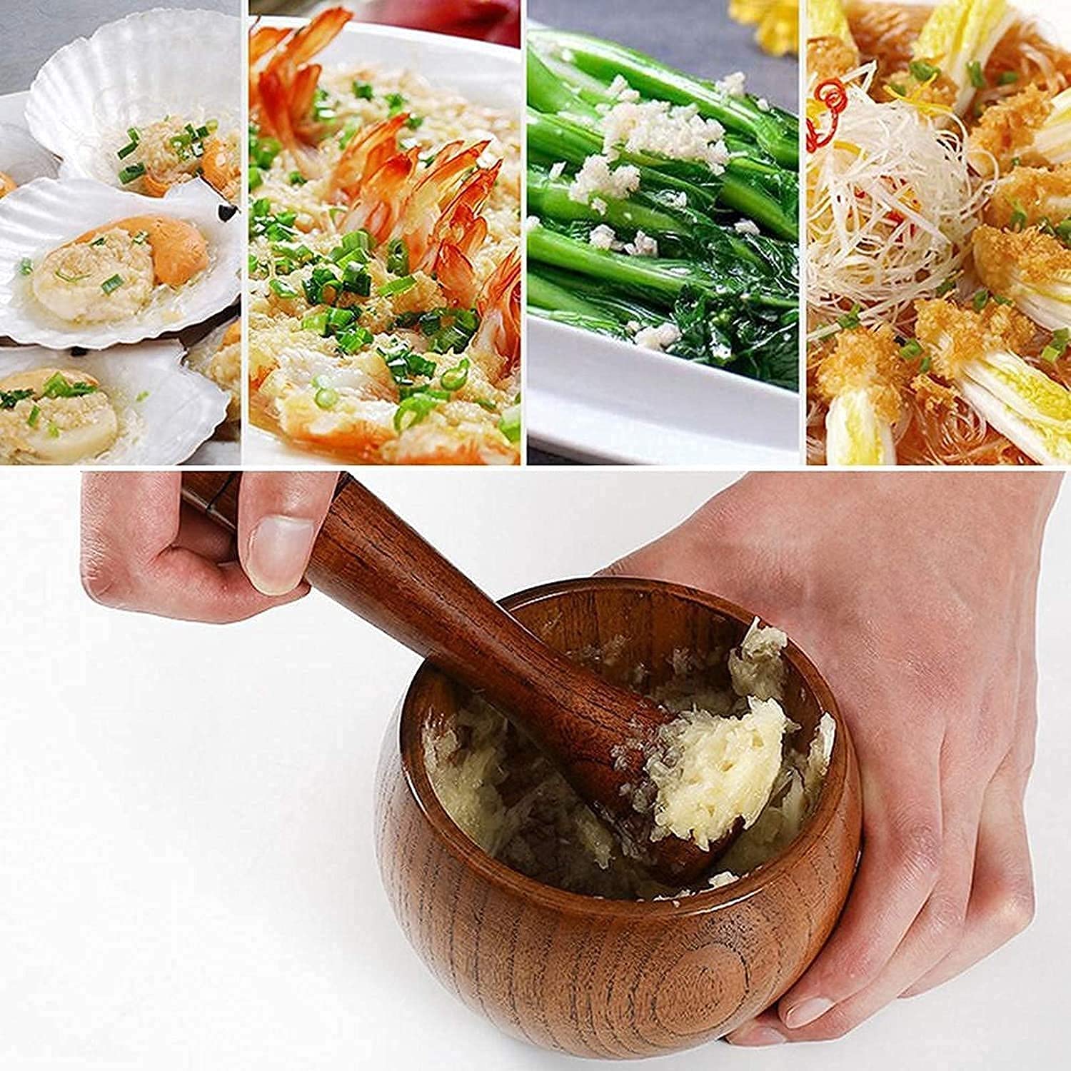 Wooden Mortar Pestle Grinding Bowl Set Garlic Crush Pot