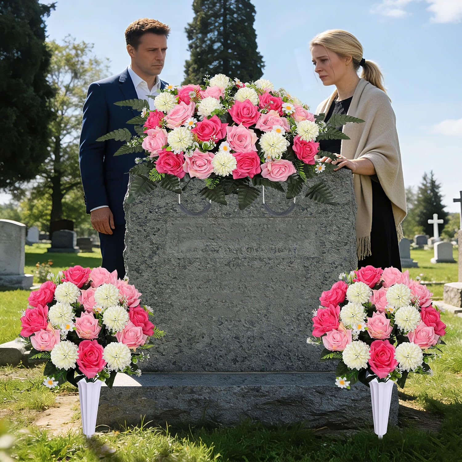 Lodou 3Pack Cemetery Decorations for Grave Large Headstone Flower Saddle Artificial Rose Bouquets with Vases for Outdoor Grave Headstone Decorations(Pink)