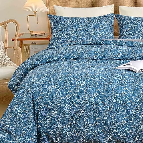Nanko Juego de funda de edredón de algodón tamaño Queen, color azul oscuro, estampado de hojas y hierbas florales, juego de ropa de cama suave con