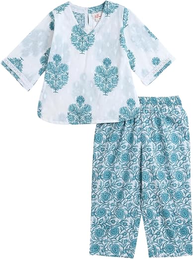 The Magic Wand Cotton Ethnic Flora Printed Top & Polka Dot Pant Set 3/4 Sleeves Stylish Short Kurta With Palazzo Tradition...