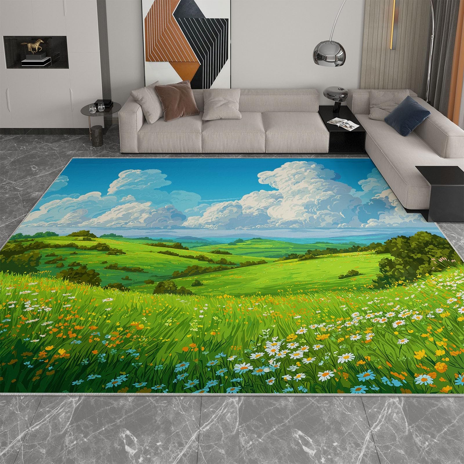 Cartoon Gras Wildblumen Berge Bedruckter Rutschfester Teppich 160 x 230 cm, Anime Waschbarer Teppich Wohnzimmer Schlafzimmer Flur Esszimmer - Antibakteriell Antirutschunterlage Küchenteppich