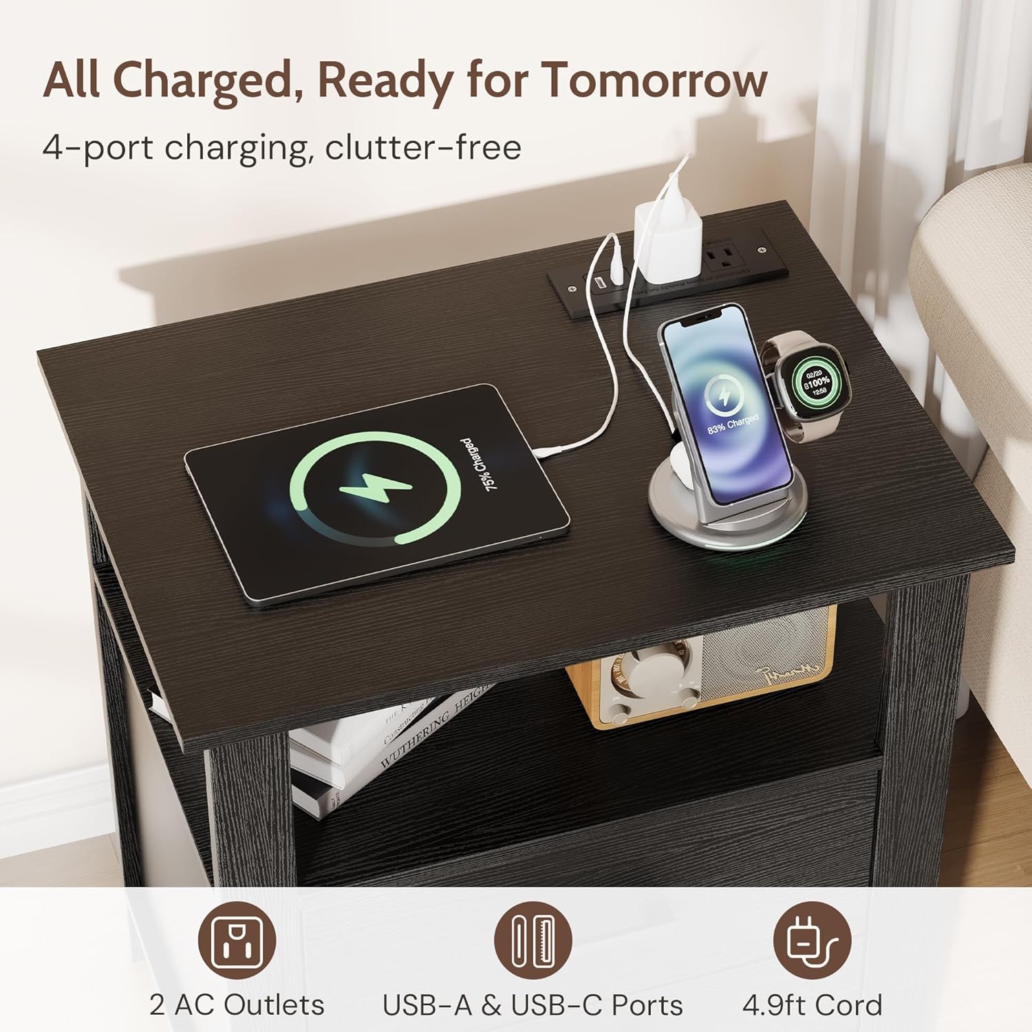 LED Nightstand with Charging Station, 21.7" W Modern Night Stand with 2 Storage Drawers & Open Shelf, Wood Bedside Table End Table for Bedroom (1, Black)