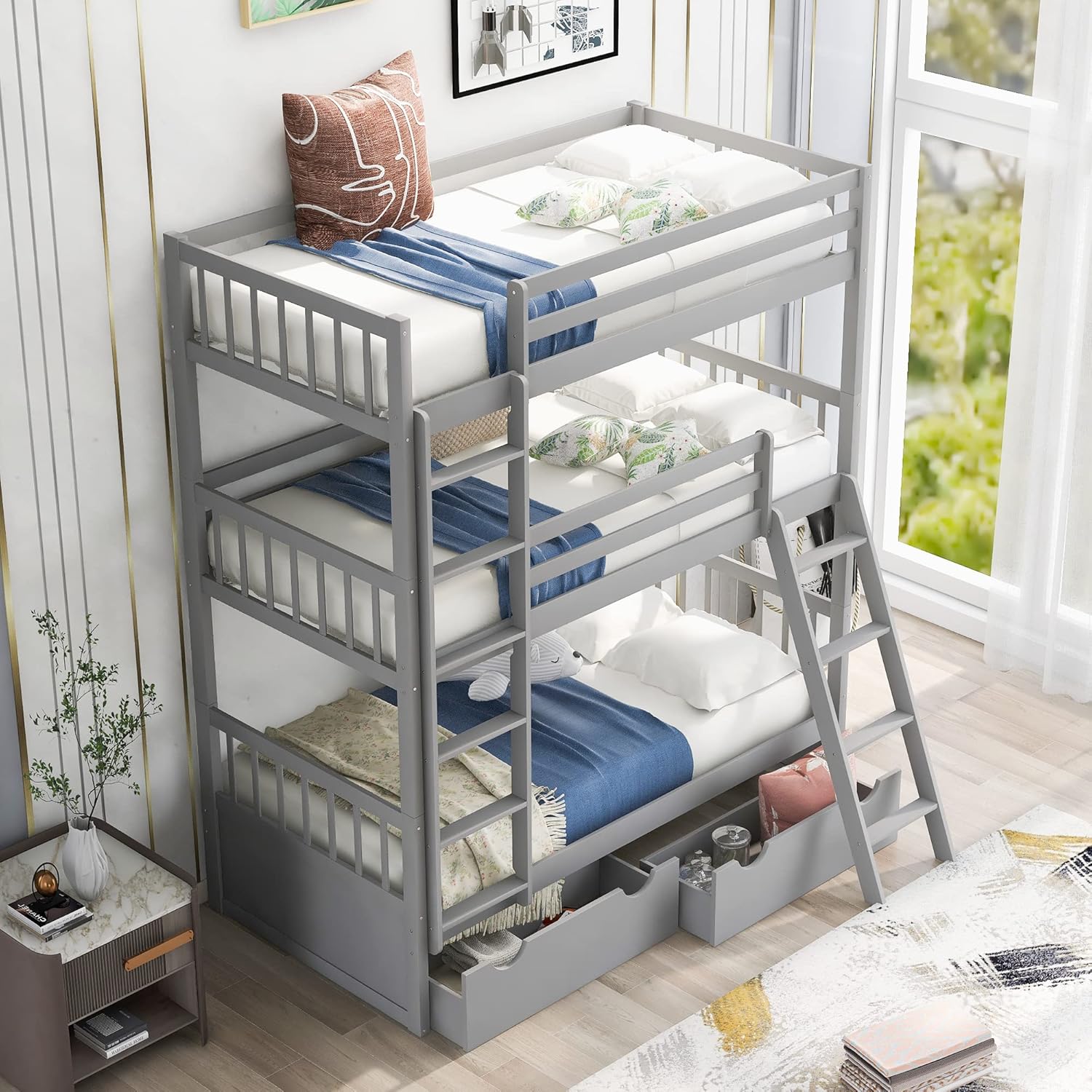 Twin Triple Bunk Bed with Drawers for Kids Teens, Wood