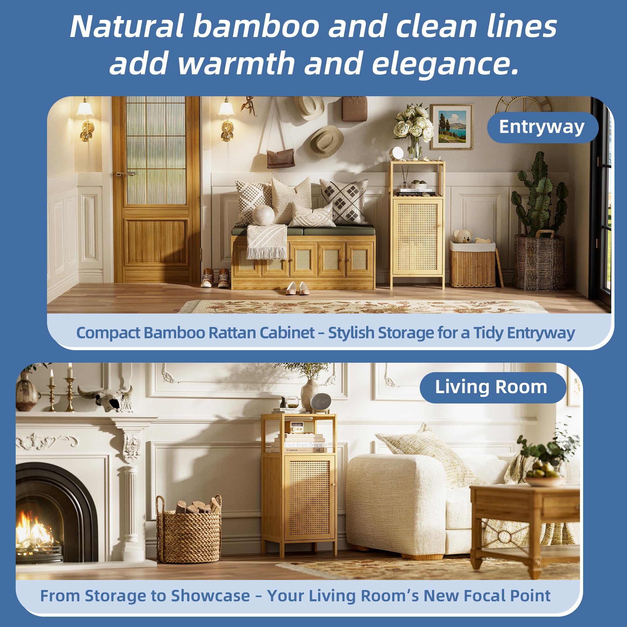 HITNET Mueble Baño Pequeño de Ratán, Armario Auxiliar Baño de Bambú, Gabinete de Almacenamiento Independiente de una Puerta con Estanterías Abiertas, para Sala de Estar, Cocina, Entrada, Natural
