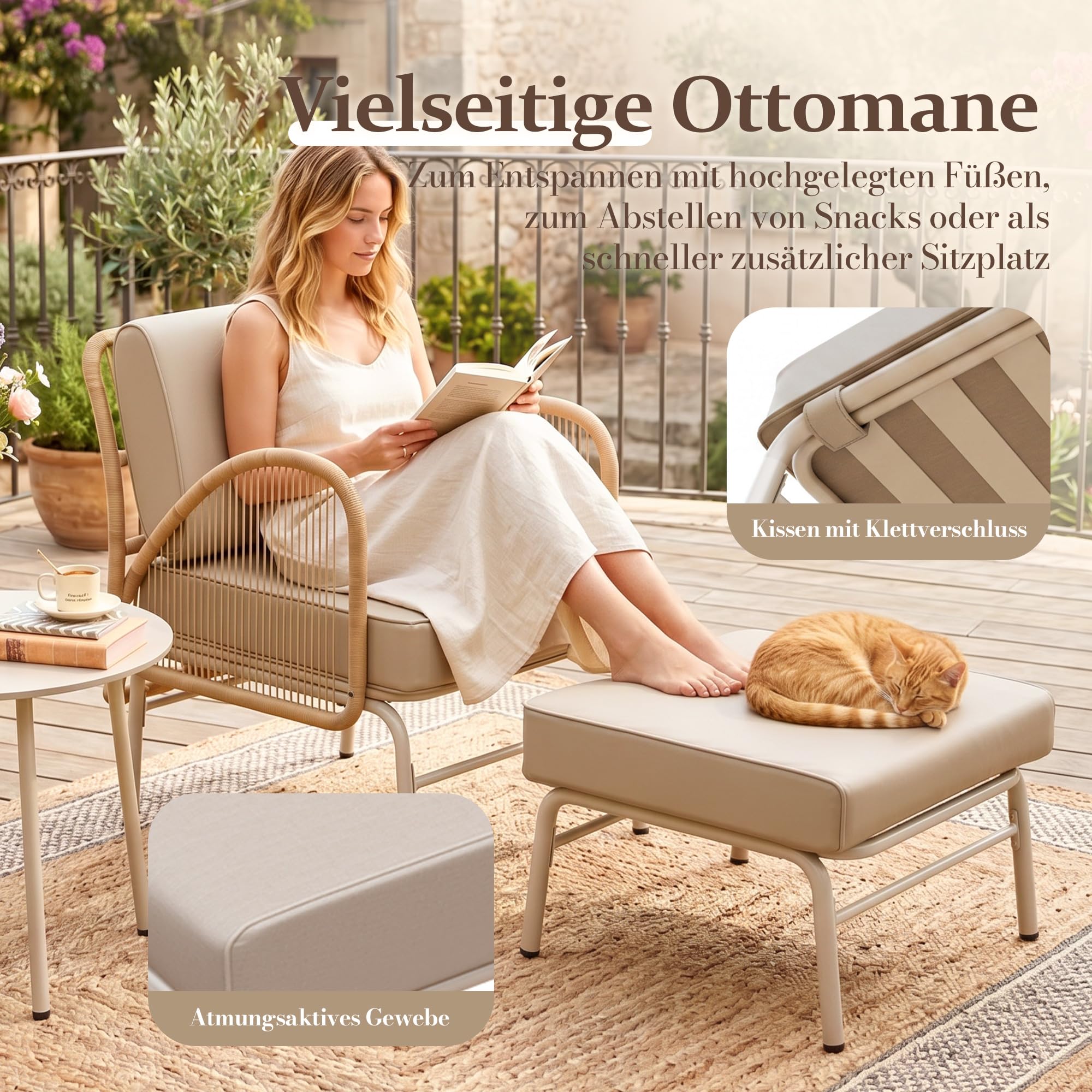 ALAULM 3-teiliges Rattan-Sitzgruppe, Outdoor Garten-Relaxsessel mit Hocker und rundem Couchtisch, Gepolstertes minimalistisches Bistro-Set für Balkon, Garten, Hinterhof & Terrasse (Khaki)