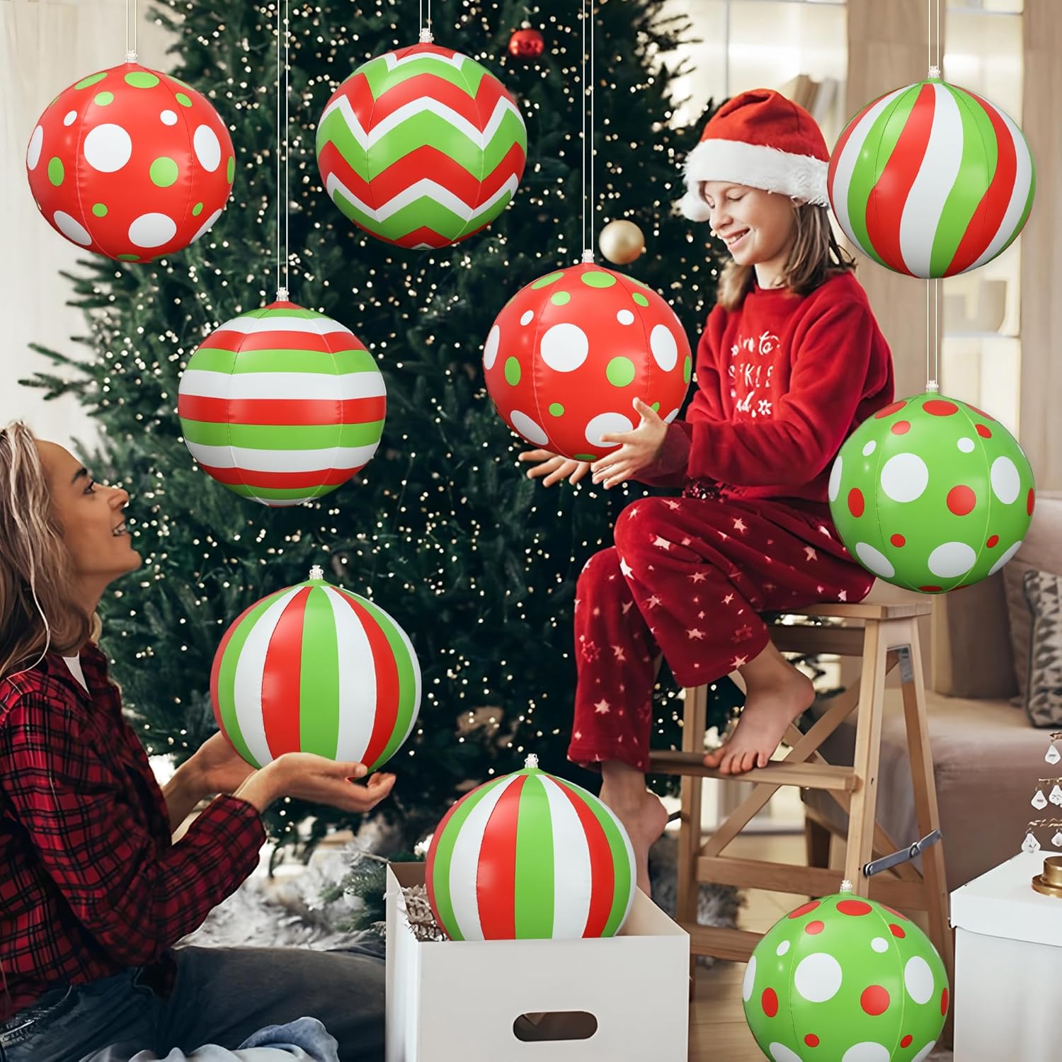 空気注入式クリスマスボールオーナメント12個 12インチ ジャイアントPVCインフレータブルアウトドアボールデコレーション レッドグ