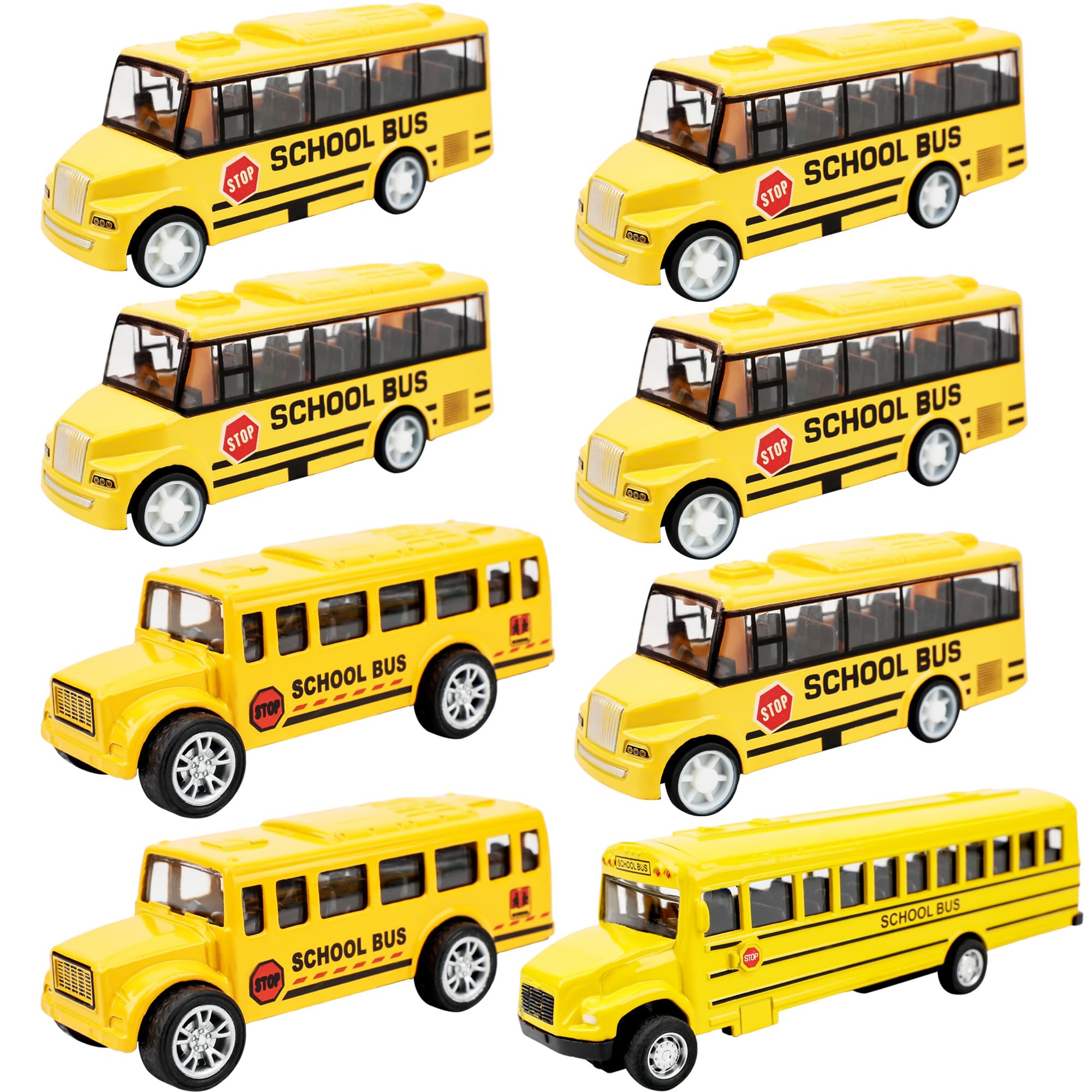 Restroma 8 Pcs School Bus Toy Pull Back School Bus Yellow Car Bus for Boys Girls Kids Birthday Gifts Classroom Rewards, 3 Style