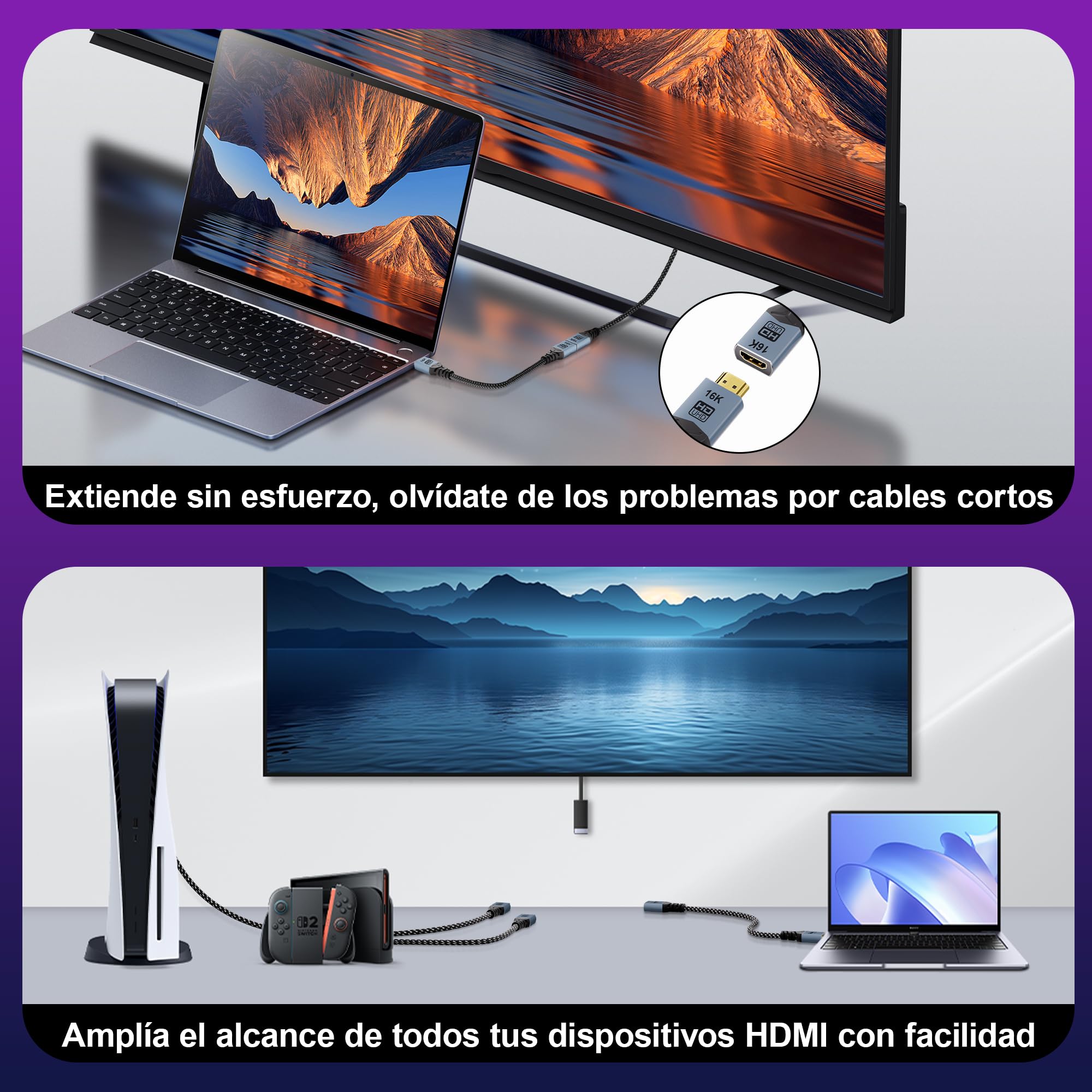 [Lote de 2 Cable de extensión HDMI 16K 1.5M, HDMI 2.2 16K@60Hz, 8K@240Hz, Cable HDMI ultra alta velocidad 96 Gbit/s, Compatible con Fire Stick TV, Reproductor Blu-Ray, Laptop