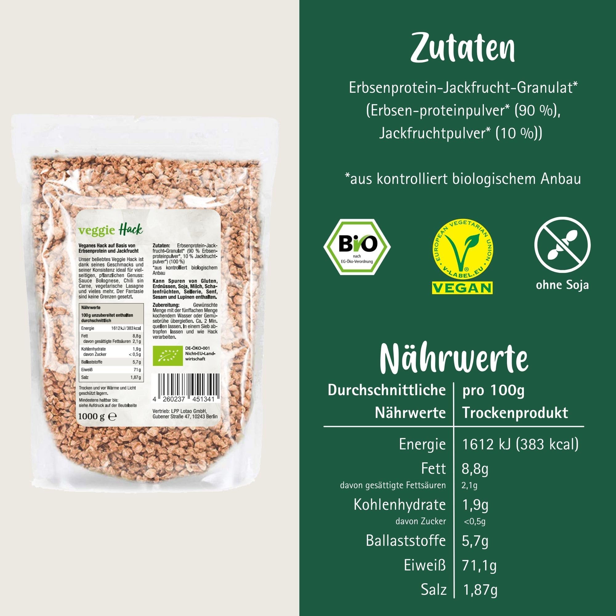 Lotao Veggie Hack Bio Vegan Proteinreich 1000g Erbsenprotein-Basis Jackfruit