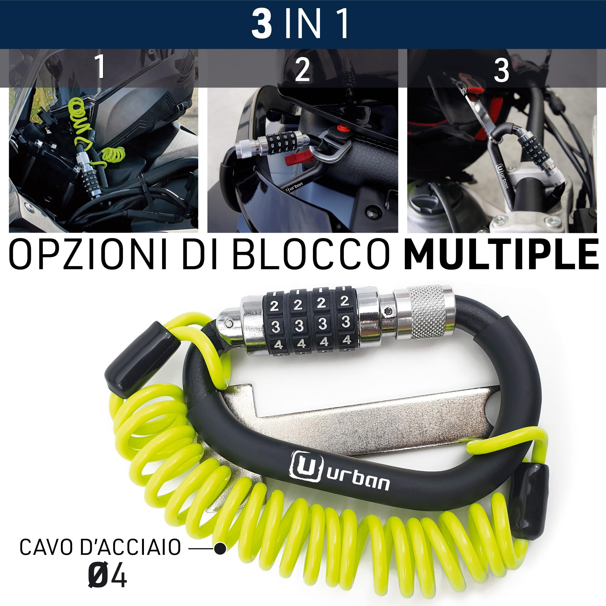 URBAN UR140 Lucchetto Casco Moto, Bici, Multiuso, Moschettone Sicurezza con Combinazione 4 Codice Più Sicuro, Kit Lucchetto Bici + Gancio Casco + Cavo Flessibile In Acciaio + Adattatore Casco