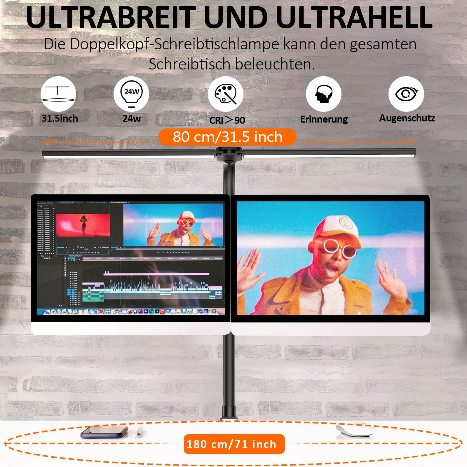 LOTTBUTY Lampara Escritorio LED de Doble Cabeza,24W 80CM lampara Led Escritorio de Regulable,5 Temperaturas Color 5 Niveles Brillo,Protección Ocular Luz Monitor con pinza para Oficina,Estudio,Diseño