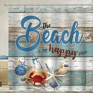 The Beach is My Happy Place Shower Curtain, Beach Scene Ocean Theme Country 72x72 Inch Bath Curtain with Hooks, Funny Bathroom Decor Modern Bath Shower Curtain Sets Housewarming Gifts