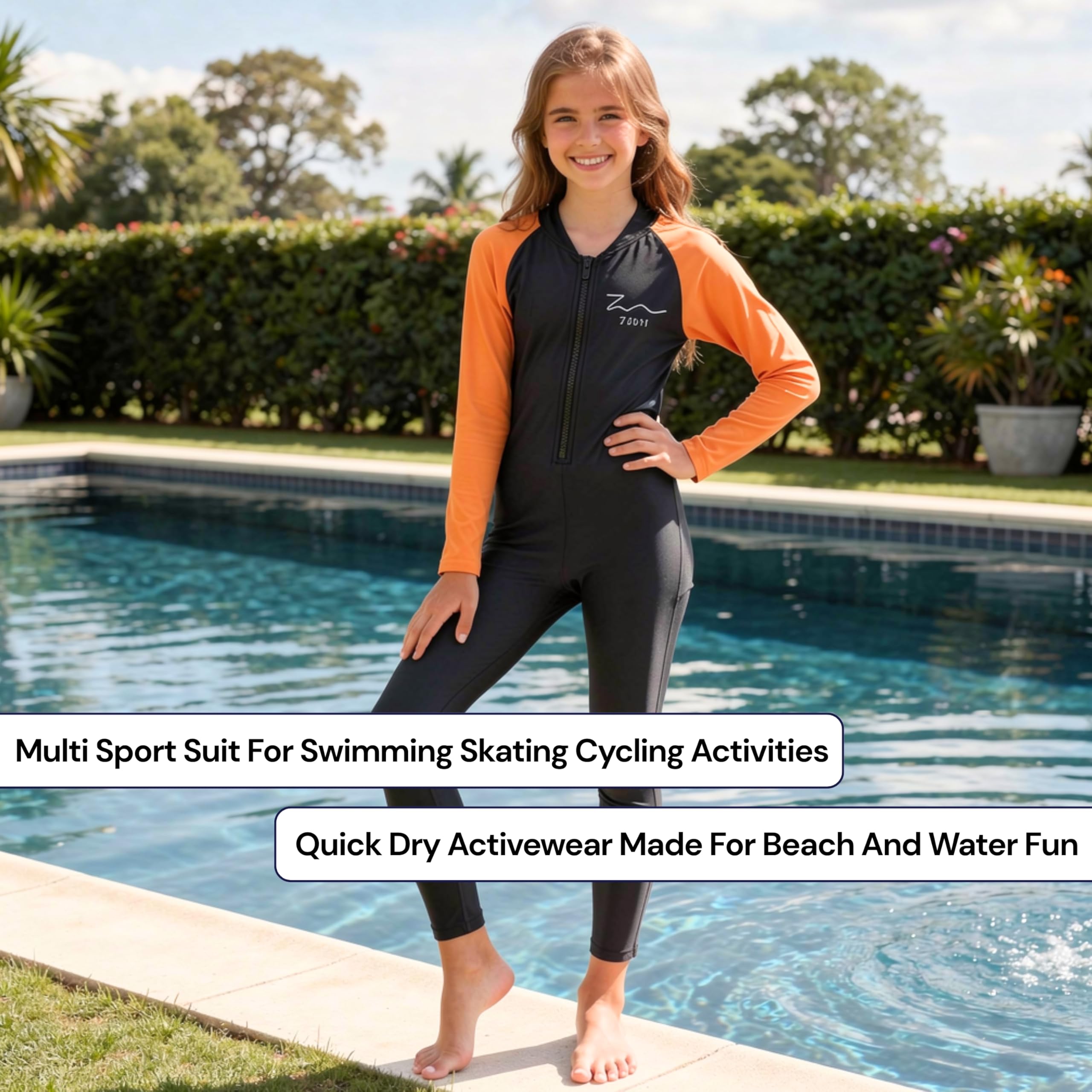 ZIUM Girls 4 Way Lycra Swimsuit Cum Diving Suit with Print & Plain Options Black Orange