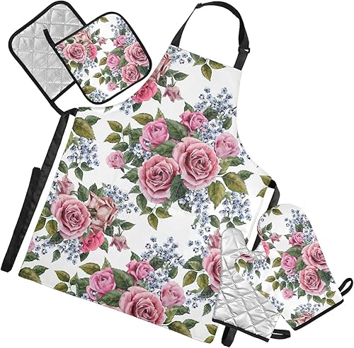 Sletend Juego de delantales de cocina ajustables e impermeables con 2 bolsillos, 2 guantes de horno, 2 soportes para ollas, juego de ropa de cocina