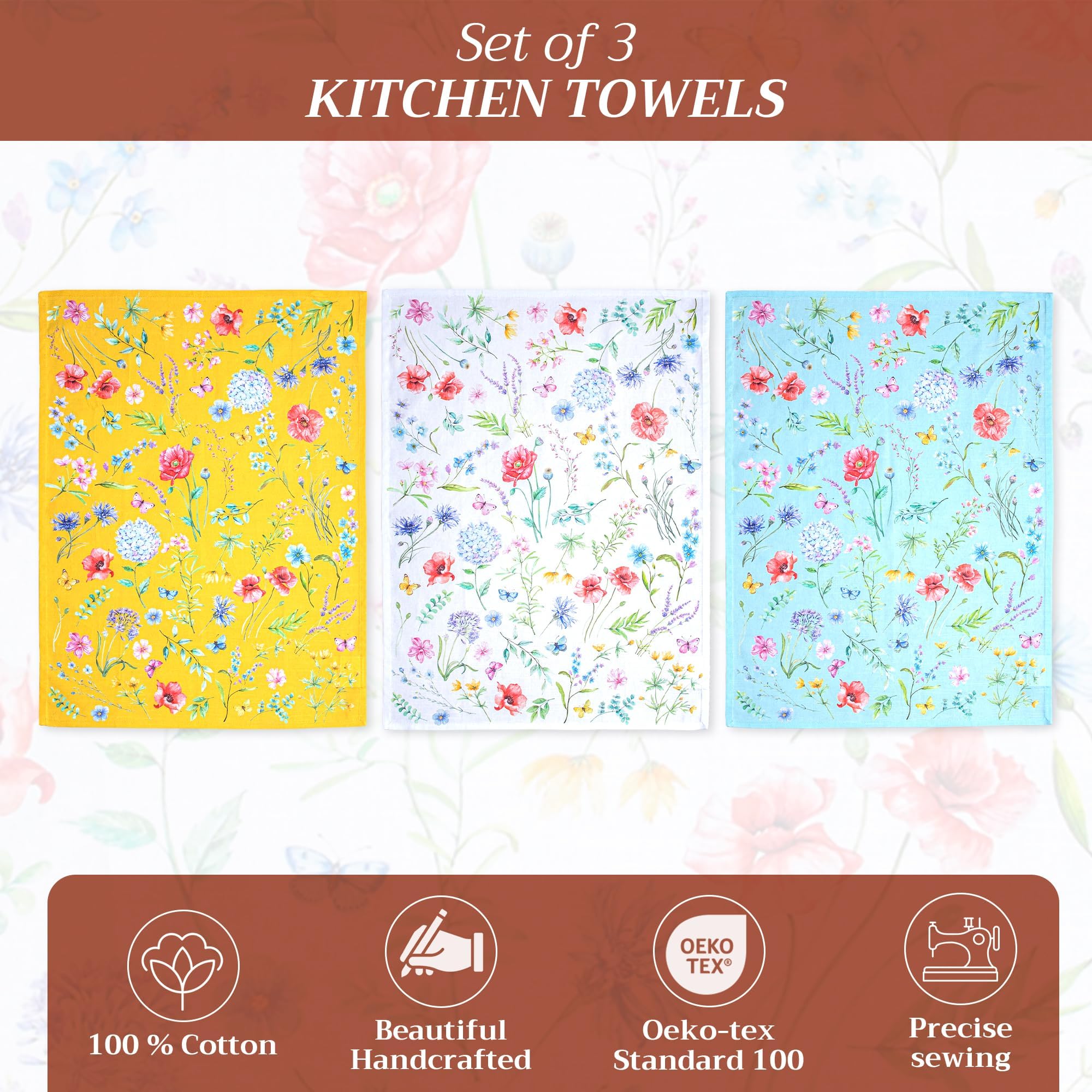 Maison d' Hermine Just Florals 100% Cotton Set of 3 Multi-Purpose Kitchen Towels, Bar Towels, Spring/Summer (50 cm x 70 cm)