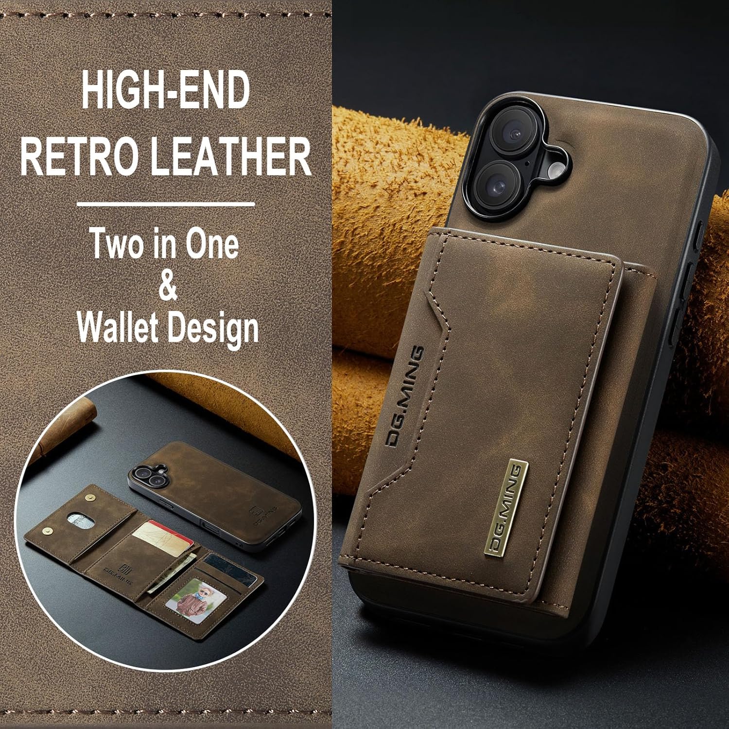 2 in 1 Detachable Wallet Phone Cases Compatible with iPhone 16 Case with Card Holder Men 6.1'' Magnetic Leather Cover (Coffee,iPhone 16)